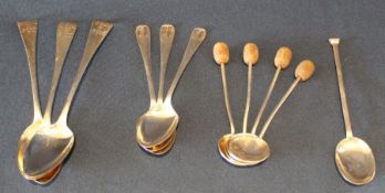 4 silver coffee bean spoons, London 1959, 3 silver teaspoons, Sheffield 1920, 3 silver teaspoons,