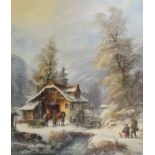 Gilt framed oil on canvas depicting house in winter landscape by J Jonez Kenzer 84cm x 94cm