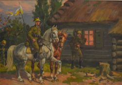 Leszek Piasecki (Polish 1928 - 1990) oil on canvas of two cavalry officers (one dismounted)