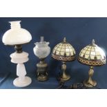 Pair of Tiffany style table lamps, glass paraffin lamp & small 19th century paraffin lamp with lions