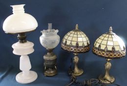 Pair of Tiffany style table lamps, glass paraffin lamp & small 19th century paraffin lamp with lions