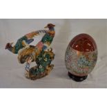 French majolica pheasants, Ht37cm and a large glazed ceramic egg