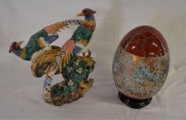 French majolica pheasants, Ht37cm and a large glazed ceramic egg
