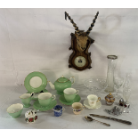 Collection of items including vintage green tea set (one cup damaged), precision ram barometer (