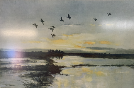 Mallard in a yellow sky - Peter Scott signed print approx. 81cm x 61cm