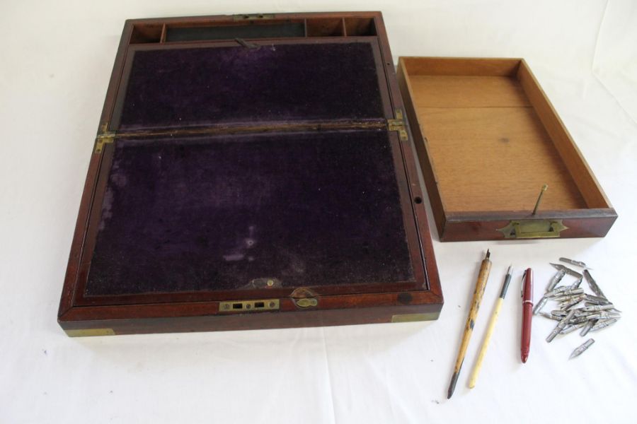 19th century wooden writing slope with inlaid brass trims (no key)  approx. 41cm x 24.5cm x 15.5cm