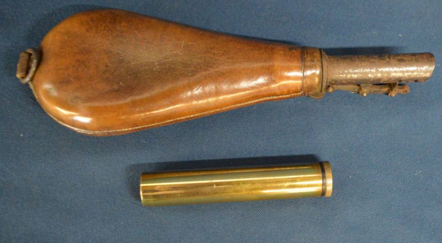 19th century leather powder flask & brass powder tube - Image 3 of 3