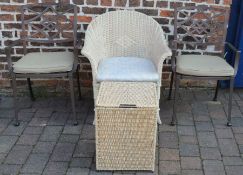 Pair of cast alloy garden chairs & a modern Lloyd Loom style chair with linen basket