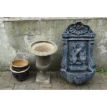 Well fountain, garden urn and 2 plant pots