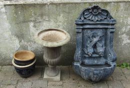 Well fountain, garden urn and 2 plant pots