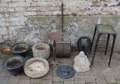 Pair of cast iron garden urns, planters, bird bath etc