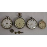 Three silver pocket watches plus one other - all incomplete, plus a key & a small compass