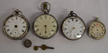 Three silver pocket watches plus one other - all incomplete, plus a key & a small compass