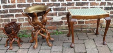 Anglo Indian brass tray on carved wooden stand, rosewood camel planter and dressing table stool