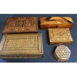 Selection of Indian hardwood mother of pearl inlaid and marquetry boxes and mixed wood glove box