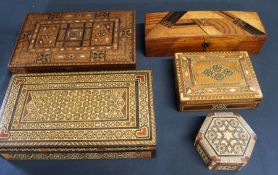 Selection of Indian hardwood mother of pearl inlaid and marquetry boxes and mixed wood glove box