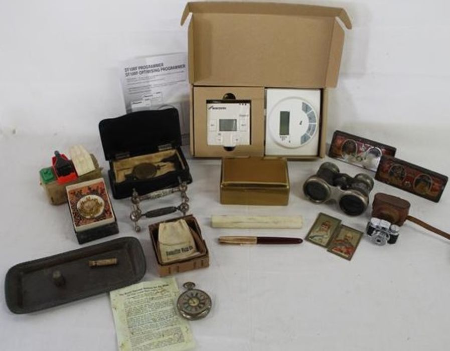 Collection of items including jockey club opera glasses, Parker '51' fountain pen, state express