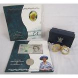 Royal mint £5 coin rattle and Queen mother centenary £5 coin and note