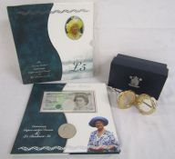 Royal mint £5 coin rattle and Queen mother centenary £5 coin and note