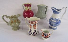 Collection of jugs including Lausanne blue and white