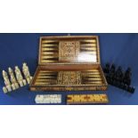 Middle Eastern parquetry inlaid games box, 50cm wide, with resin chess set & dominoes  - internal