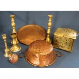 Art Nouveau J S & S copper tray, copper colander, 18th century Dutch brass foot warmer, pair of