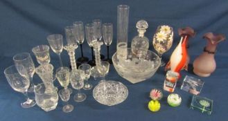 Collection of mixed glassware including fruit bowl, miniature paperweights, candlesticks etc
