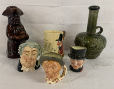 Royal Doulton character jugs including The Lawyer and Judge, Crown Devon John Peel tankard, Arthur