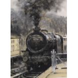 Unframed charcoal drawing of a steam train by Sarah Webb (b1964 Cleethorpes artist, now