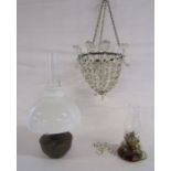 Vintage glass light shade (some drops possibly missing), glass oil lamp and Aladdin Model 12 oil