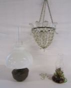 Vintage glass light shade (some drops possibly missing), glass oil lamp and Aladdin Model 12 oil