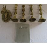 2 pairs of brass candlesticks, large wall mounted brass horse head mascot and 3 oval silver plated