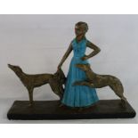 Art Deco painted plaster figure - lady with two dogs, 52.5cm wide