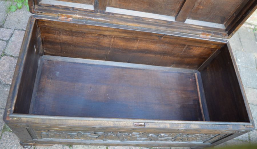 Oriental carved wooden chest, W89cm x D42cm x H47cm - Image 2 of 2