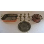 Copper and brass lidded pot, twin handled dish and silver plated goblet and tray