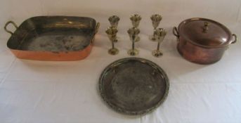 Copper and brass lidded pot, twin handled dish and silver plated goblet and tray