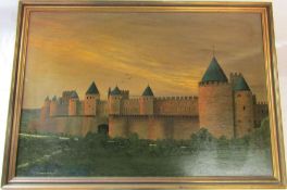 Large framed oil on board "Carcassonne" by Arthur Wightman