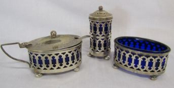 Silver condiment set - most marks rubbed - one piece showing W.J Myatt & co Birmingham 1945 -