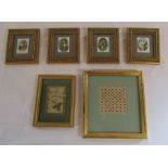 Pair of framed embroidered panels and four framed silks