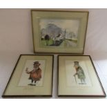 3 watercolours by local artist David Cuppleditch, including two caricatures and one depicting "