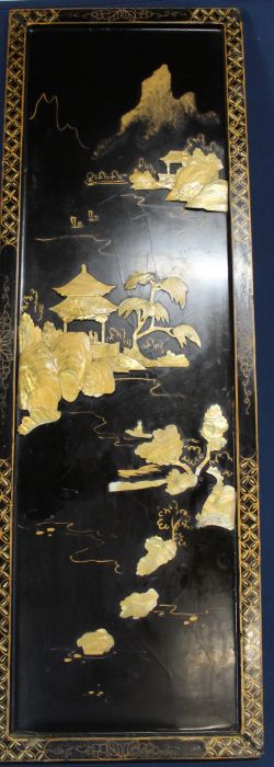 Large early 20th century lacquered panel with mother of pearl decoration (some damage) 30cm x 90cm