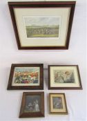 Hand coloured John Leech satirical print, Colin Carr Lincolnshire village print, St Leger print etc