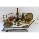 Set of fire irons, copper kettle and a collection of brass including candlesticks, pan, jug etc