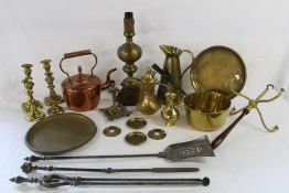 Set of fire irons, copper kettle and a collection of brass including candlesticks, pan, jug etc