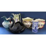 Dartmouth Pottery black swan jardinière and two other late Victorian jardinières, two transfer