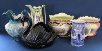 Dartmouth Pottery black swan jardinière and two other late Victorian jardinières, two transfer