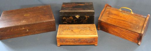 Edwardian oak box with brass handle and twin hinged doors, lacquered jewellery box, carved wooden