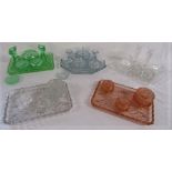 Collection of clear and coloured glass dressing table sets