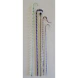 5 glass walking sticks - clear glass shepherd's crook containing blue and white canes - blue glass