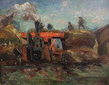 James Arundel (1875-1960) oil on board depicting Lincolnshire Threshing 1939, 83.5cm x 73cm